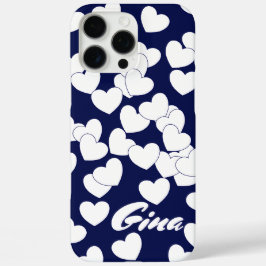 ダークブルー、名前をカスタムするテンプレート、白ハート iPhone 16 PRO MAXケース