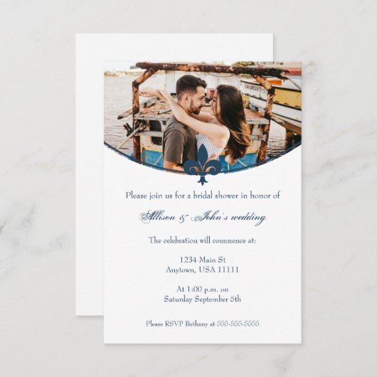 ダークブルー(紋章の)フラ・ダ・リフォトブライダルシャワー招待状 招待状 (正面/裏面)