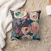 ダークブルー&赤面ピンクウォーターカラーフローラシック クッション (ブランケット)