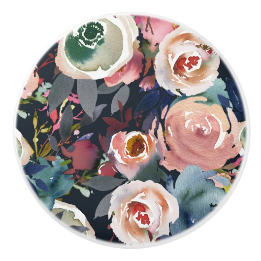 ダークブルー&赤面ピンクウォーターカラーフローラシック セラミックノブ (正面)