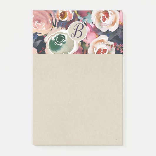 ダークブルー&赤面ピンクウォーターカラーフローラシック ポストイット (正面)