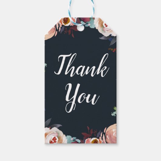 ダークブルー&赤面ピンクウォーターカラーフローラ結婚ズ ギフトタグ (正面)