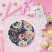 ダークブルー&赤面ピンクウォーターカラーフローラ結婚ズ ペーパープレート (パーティー)