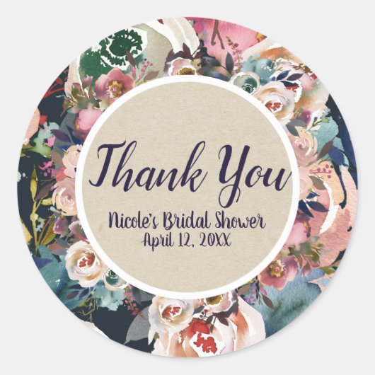 ダークブルー&赤面ピンクウォーターカラーフローラ結婚ズ ラウンドシール (正面)