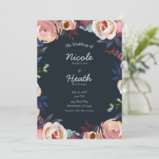 ダークブルー&赤面ピンクウォーターカラーフローラ結婚ズ 招待状 (スタンド正面)