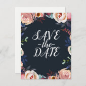 ダークブルー&赤面ピンクパステルフローラ保存日 案内ポストカード (正面/裏面)