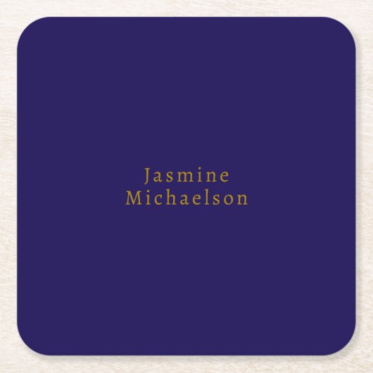 ダークブルー&金ゴールドかわいいミニマリストの名前 スクエアペーパーコースター (正面)