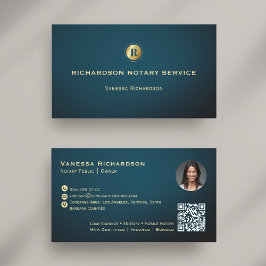 ダークブルー&金ゴールドモノグラムお洒落公証人QR写真 名刺