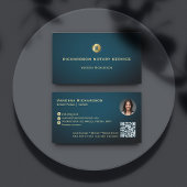 ダークブルー&金ゴールドモノグラムお洒落公証人QR写真 名刺