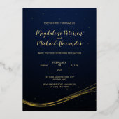 ダークブルー |金ゴールド線とほこり結婚の 箔招待状 (正面)