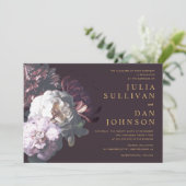 ダークプラムパープルムーディーズフローラ結婚式招待状 招待状 (スタンド正面)