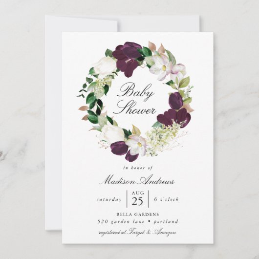 ダークプラムフローラリース |赤ちゃんシャワー 招待状 (正面)