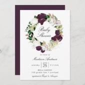 ダークプラムフローラリース |赤ちゃんシャワー 招待状 (正面/裏面)