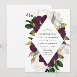 ダークプラムベルベットとホワイト春結婚フローラ 招待状