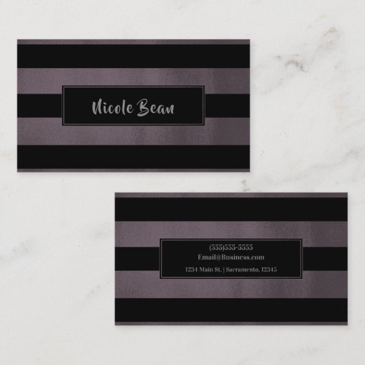 ダークプラムマウヴ&ブラックストライプズシックモダングラム 名刺 (正面/裏面)