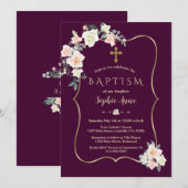 ダークプラム赤面白い花金ゴールドガールバプテスマ 招待状 (正面/裏面)