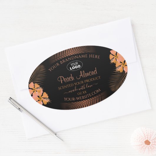 ダークプロダクトラベルオレンジ色のエキゾチックな花ロゴを追加 楕円形シール (封筒)