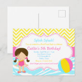 ダークヘアの女の子のプールパーティーバッシュパーティー ポストカード (正面/裏面)