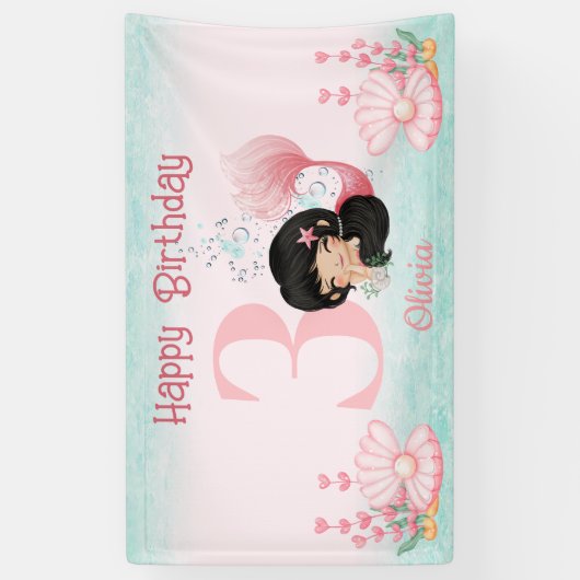 ダークヘアピンク誕生日ガールバナー付き人魚 横断幕 (縦)