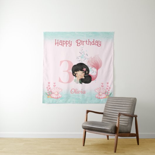 ダークヘアマーメイド誕生日ピンクバナー タペストリー (インサイチュ)