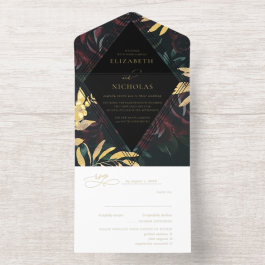 ダークベルベットブルゴーニュバラ 秋の冬の結婚式 オールインワン招待状 (内側)