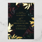 ダークベルベットブルゴーニュバラ 秋の冬の結婚式 箔招待状 (正面)