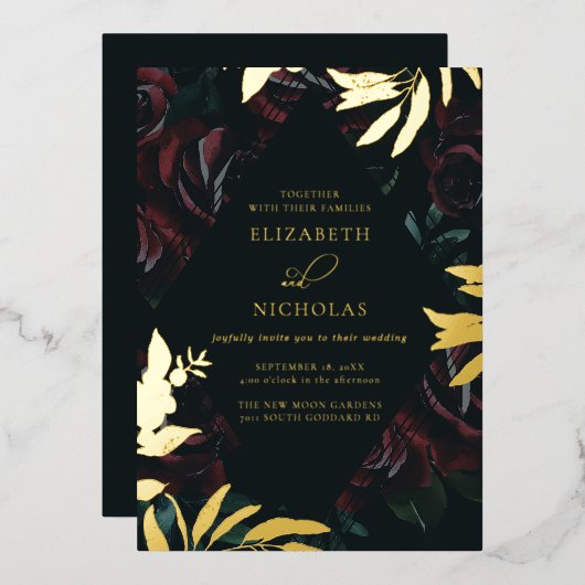 ダークベルベットブルゴーニュバラ 秋の冬の結婚式 箔招待状 (正面/裏面)