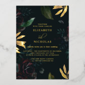 ダークベルベットブルゴーニュバラ 秋の冬の結婚式 箔招待状 (正面)