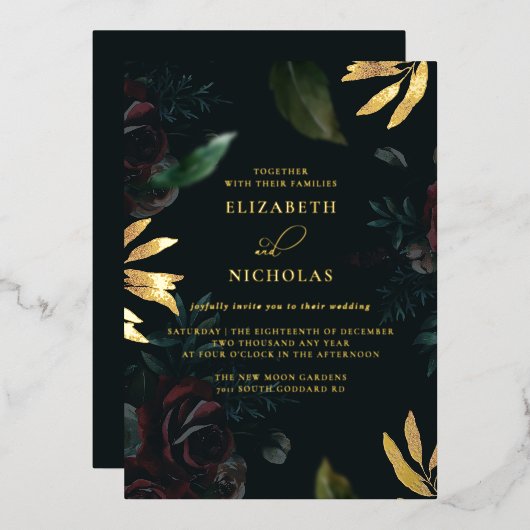 ダークベルベットブルゴーニュバラ 秋の冬の結婚式 箔招待状 (正面/裏面)