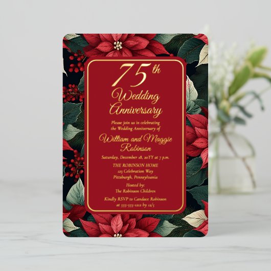 ダークホリデーフローラ結婚75周年記念パーティー 箔招待状 (立ち正面)