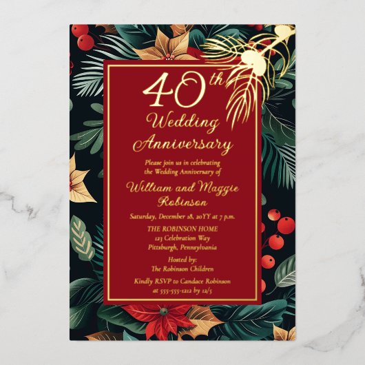 ダークホリデーフローラ40th結婚の記念日パーティー 箔招待状 (正面)