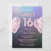 ダークホログラフィックにピンクの風船でSweet 16 招待状 (正面)