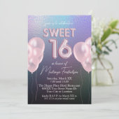 ダークホログラフィックにピンクの風船でSweet 16 招待状 (スタンド正面)