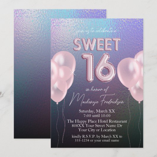 ダークホログラフィックにピンクの風船でSweet 16 招待状 (正面/裏面)