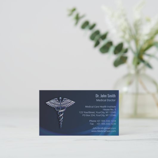 ダークホログラフィッククローム3D医療用カドゥセウス 名刺 (スタンド正面)