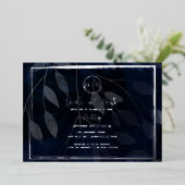 ダークボエレガントタニカルネイビーブルー&シルバー結婚ズ 箔招待状 (立ち正面)