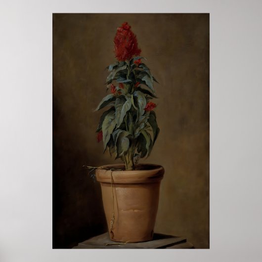 ダークボタニカルな鉢植えの花の静物画 ポスター (正面)