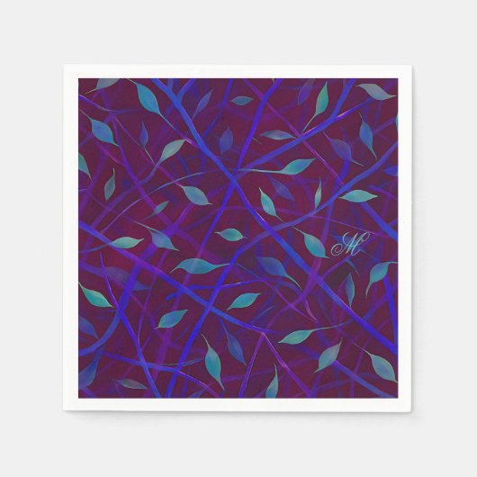 ダークボタニカルブルゴーニュの宝石の葉モノグラム スタンダードカクテルナプキン (正面)