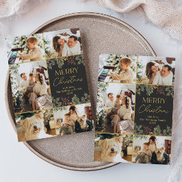 ダークボタニカル金ゴールドスクリプト5フォトクリスマスカード シーズンカード