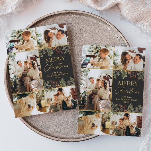 ダークボタニカル金ゴールドスクリプト5フォトクリスマスカード シーズンカード