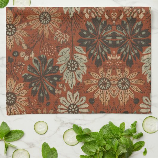 ダークボホテラコッタセージの植物パターン  キッチンタオル (折り畳み)