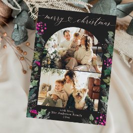 ダークボホ明るい赤紫色ボタニカル2フォトクリスマス シーズンカード
