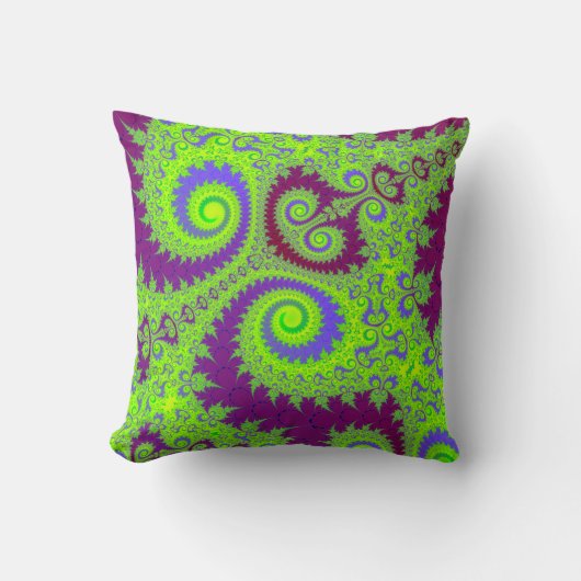 ダークマゼンタパープルとライムグリーンのフラクタルスパイラル クッション (正面)