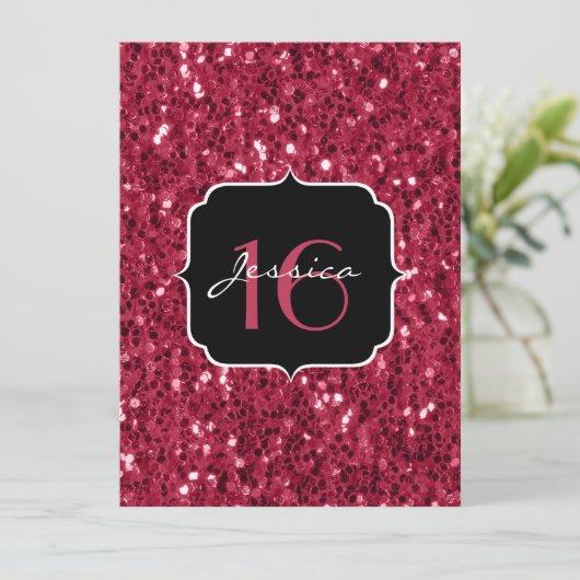 ダークマゼンタピンクフェイクグリッタースパークルズスウィート16 招待状 (スタンド正面)