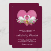 ダークマゼンタロマンチックスワンス婚約パーティ 招待状 (正面/裏面)