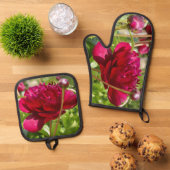 ダークマルーンのベルベット牡丹 鍋つかみ&鍋敷きセット (トップダウン)