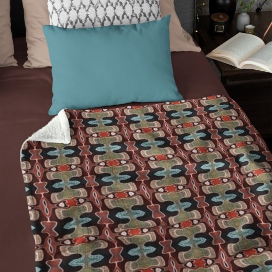 ダークマルーンレッドオレンジティール（緑がかった色）ブルーグリーン部族アート フリースブランケット