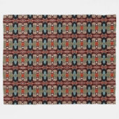 ダークマルーンレッドオレンジティール（緑がかった色）ブルーグリーン部族アート フリースブランケット (正面(横))