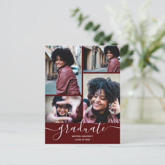 ダークマルーン写真卒業パーティー招待状 ポストカード (スタンド正面)