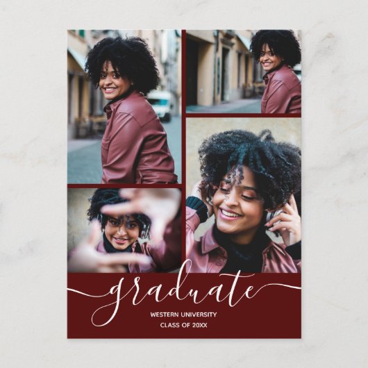 ダークマルーン写真卒業パーティー招待状 ポストカード (正面)